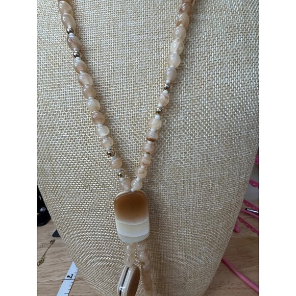Chicos Long Beaded Necklace W/ Leather Tassel & Gradient Brown Accents - Picture 5 of 16